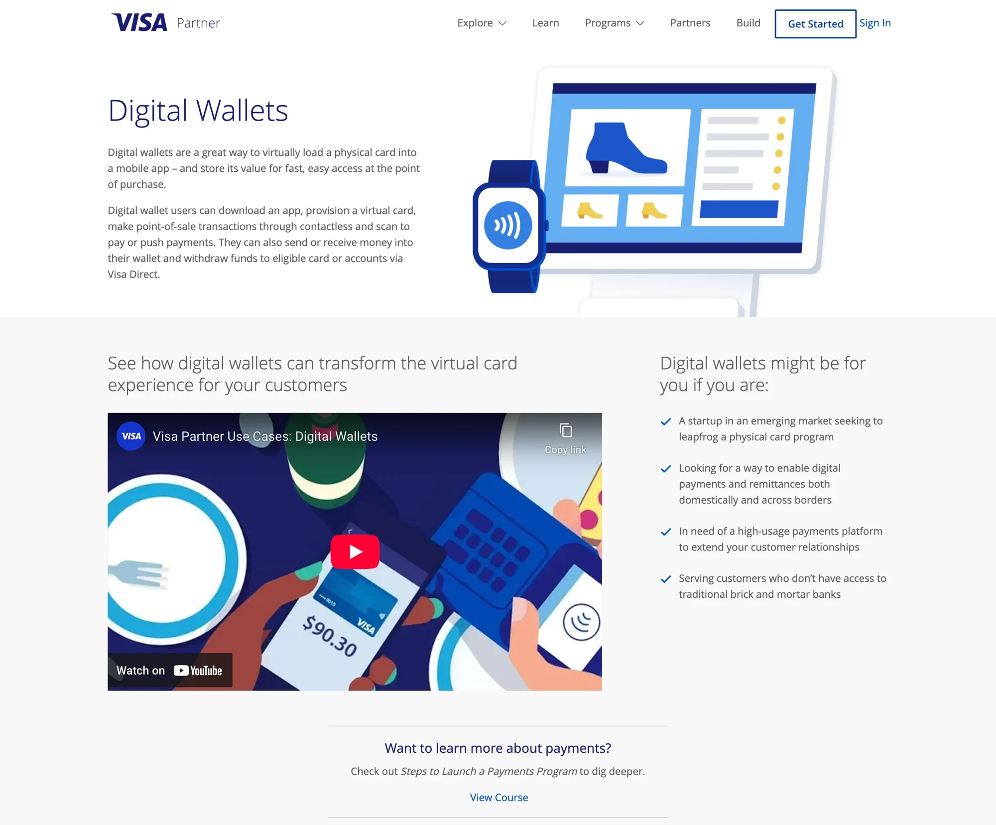 Digital wallets page with solution overview and related capabilities